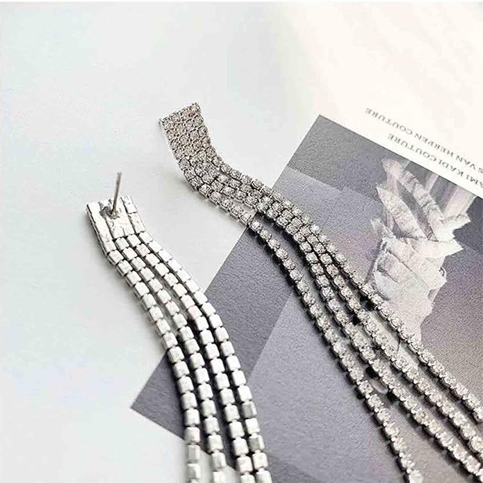 Boho Rhinestone Tassel Earrings Long Fringe Drop Dangle Earrings Silver Crystal Chain Tassel Earrings Vintage Chandelier Chain Studs Earrings Luxury Statement Earrings Jewelry for Women and Girls Gifts-VivaGrace Women