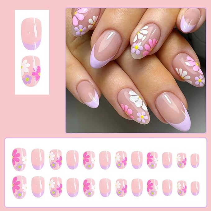 24Pcs Short Press on Nails Almond Fake Nails French Tip Press Ons Colorful Daisy Flowers Acrylic Nails Nude Pink Full Cover Glue on Nails Oval Floral False Nails for Women Girls DIY Manicure Tips