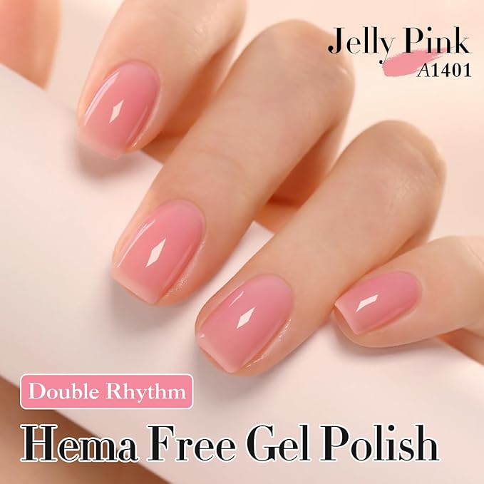 Double Rhythm 0.50 OZ Gel Polish Hema Free Same Color Same Bottle Golden Round Translucent Neutral Natural Milky 15 ML Jelly UV Polish Art DIY at Home (Jelly Pink-C1401)