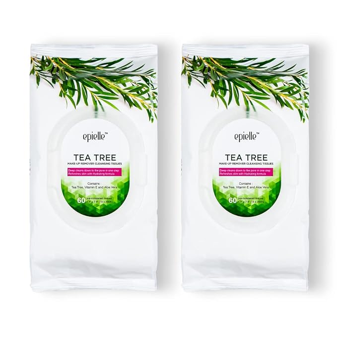 Epielle Tea Tree Facial Wipes, 60 ct, Pack of 2, Refreshing & Soothing, Perfect for Spa Days, Beauty Gifts, Korean Skincare Gift Set