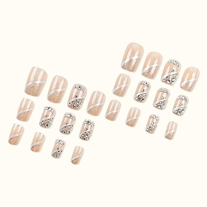Press on Nails for Women Medium Square Fake Nails Sparkly False Nails with Rhinestones Designs Gold Glitter Artificial Nails Silver Line Glue on Nails Cute Stick on Nails 24Pcs