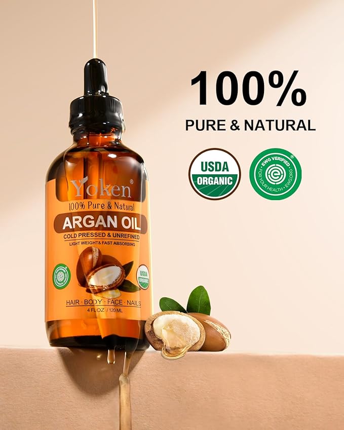 Yoken Organic Argan Oil for Hair 4 Fl Oz, USDA Pure and Natural Morocco Argan Oil, Argon Oil For Hair, Scalp, Face & Skin Care, 100% Cold Pressed Hair Conditioner, Unrefined Argon Nails Carrier Oil-VivaGrace Women