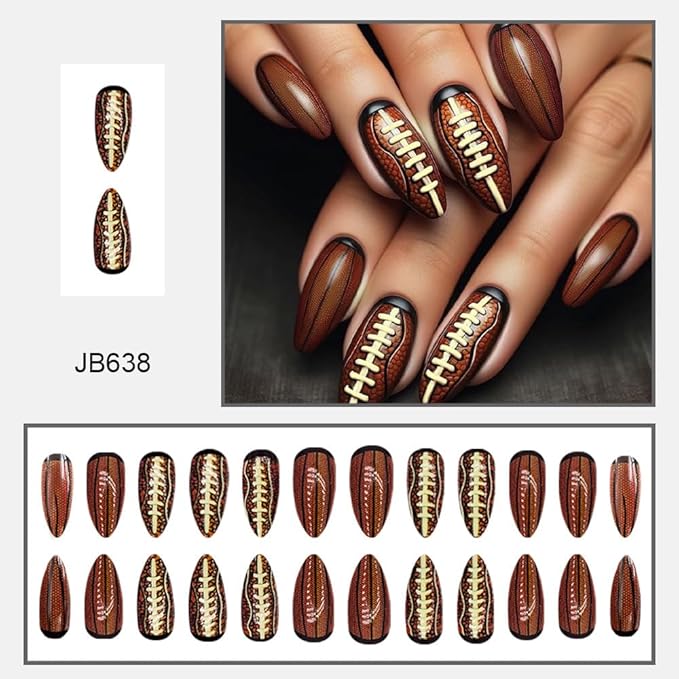 Baseball Press on Nails Medium Almond Fake Nails Brown False Nails with Rugby Design Glossy Spring Nails Coffee Summer Fall Nails Reusable Acrylic Nails Press on for Women Girls Manicure 24pcs