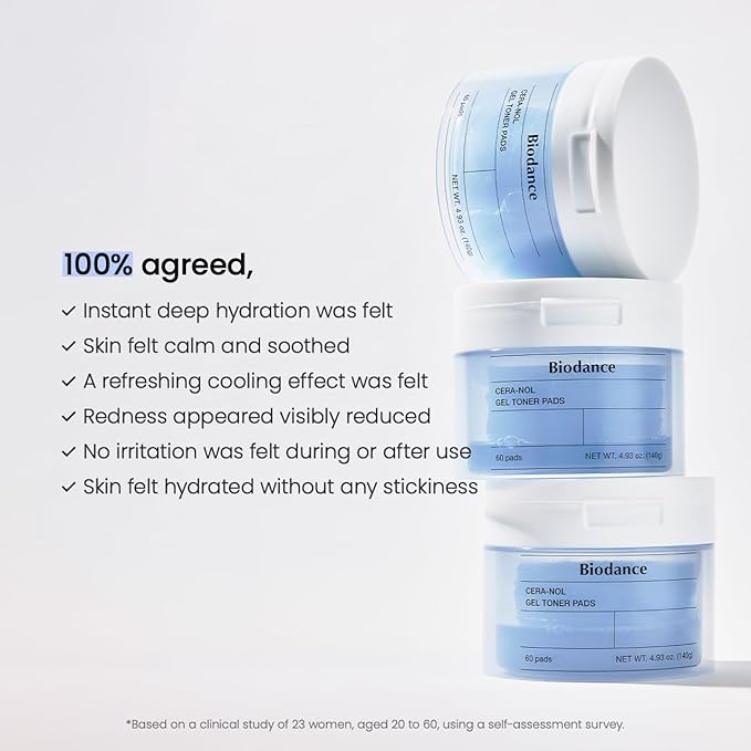 Biodance Cera-NOL Gel Toner Pads, Hydrating & Soothing for Sensitive Skin, Redness Reducing, Gentle Exfoliating Toner Pads, Korean Skincareㅣ4.93 fl.oz.(140g)*60Pads-VivaGrace Women