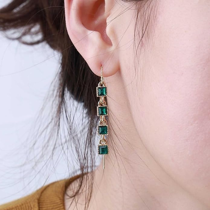 Vintage Emerald Crystal Threader Earrings Green Gem Drop Earrings Emerald Cz Square Earrings Gold Long Emerald Chain Earrings Jewelry for Women-VivaGrace Women