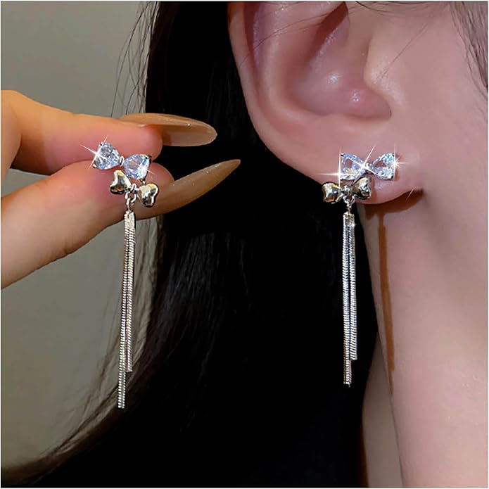 Vintage Crystal Bow Chain Drop Earrings Rhinestone Heart Stud Earrings Silver Long Chain Tassel Earrings Sparkly Cz Bridal Earrings Jewelry for Women-VivaGrace Women