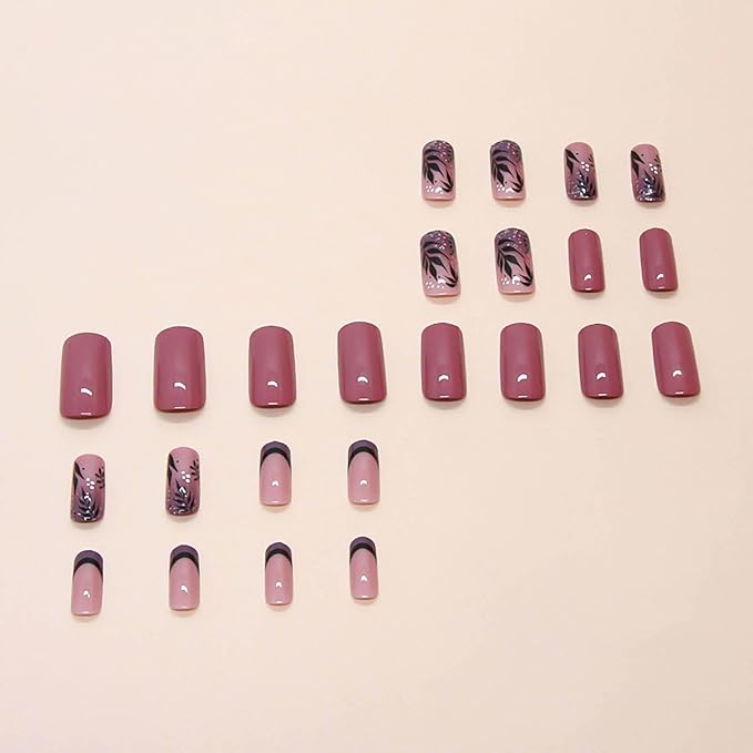 Medium Square Press on Nails Purple French Fake Nails Glitter False Nails with Leaf Designs Full Cover Glue on Nails Sparkly Artificial Nails Cute Stick on Nails for Women 24Pcs