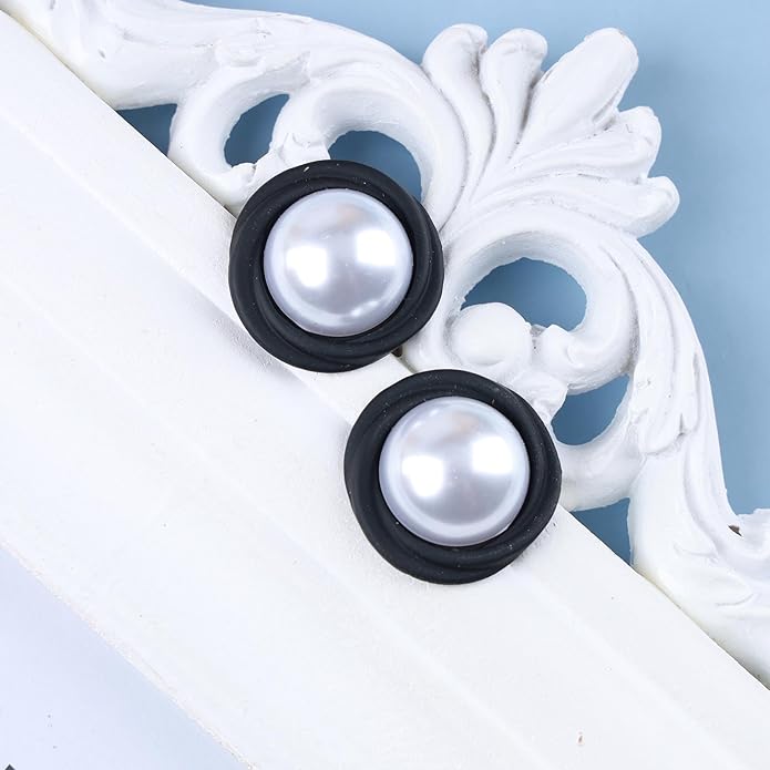 Vintage Mermaid Pearl Stud Earrings Half Pearl Earrings Black Enamel Circle Earrings Mermaid Stud Earrings Jewelry for Women and Girls-VivaGrace Women