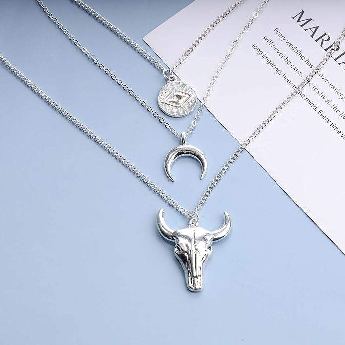 Boho Layered Moon Necklace Silver Compass Disc Pendant Necklace Chain Cow Evil Eye Charm Necklace Jewelry for Women-VivaGrace Women