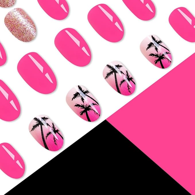 Coconut tree Press on Nails Medium Almond Fake Nails with Design Rose Gold Glitter Glue on Nails Glossy Spring Nails Reusable Pink Gradient Summer False Nails for Women Girls Manicure 24pcs