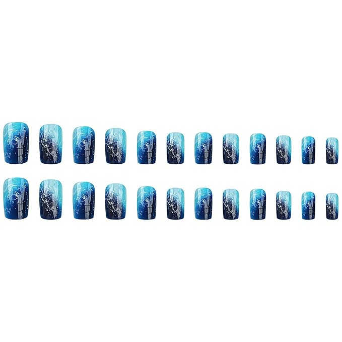 Square Press on Nails - Medium Blue Ombre False Nails with Glitter Designs, Thick Glossy Artificial Nails, 24Pcs