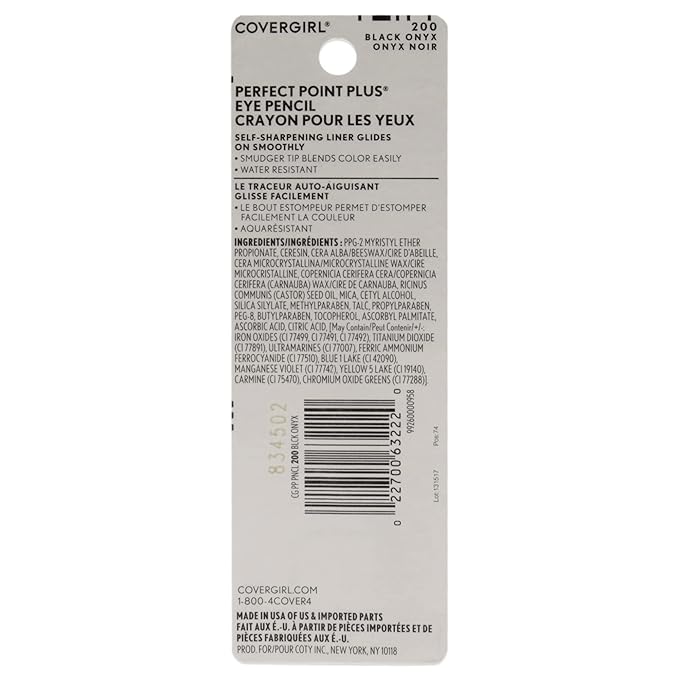 CoverGirl Perfect Point Plus Eyeliner Pencil, Black Onyx, Long-Lasting, Versatile Black Eyeliner, Soft Smudging Tip, No Sharpening Needed, Pack of 1