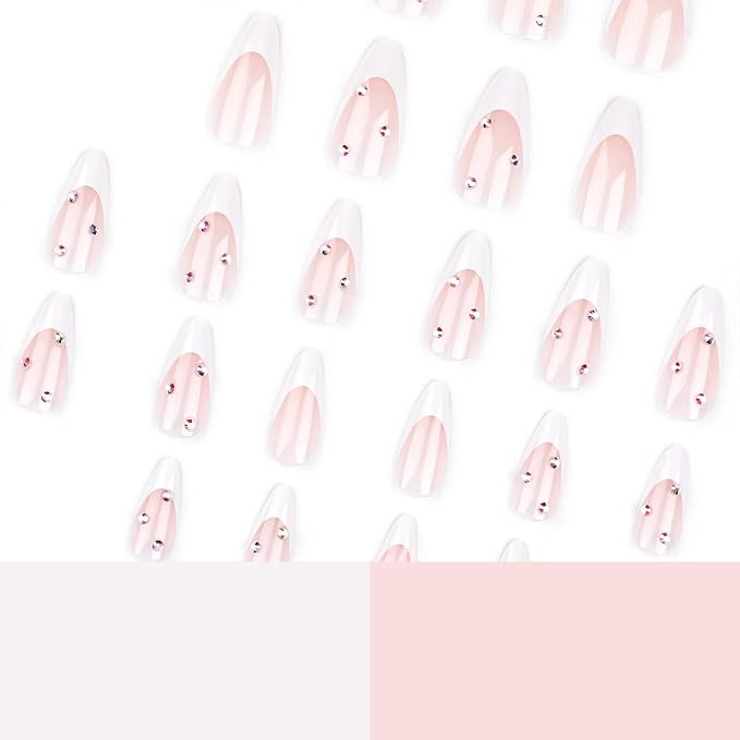White French Tip Press on Nails Medium Glue on Nails Almond with Rhinestone Designs Glossy False Nails Nude Reusable Acrylic Stick on Nails for Women Girls Manicure Gift 24pcs