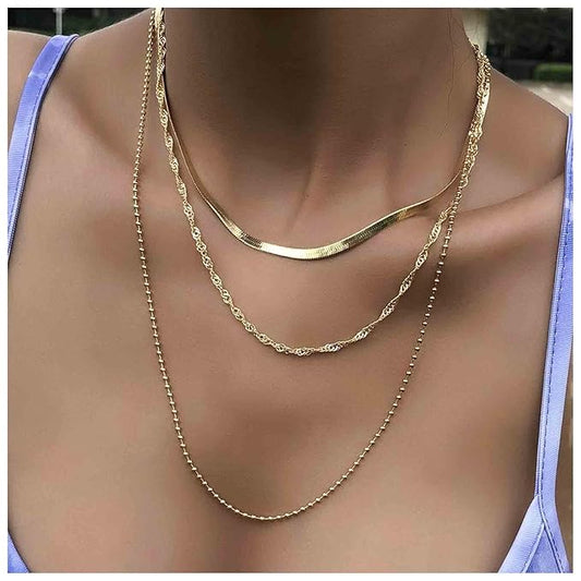 Punk Layered Chain Necklace Gold Flat Snake Chain Necklace Choker Vintage Herringbone Necklace Stacking Chunky Necklace Chain Jewelry for Women and Girls Gift-VivaGrace Women