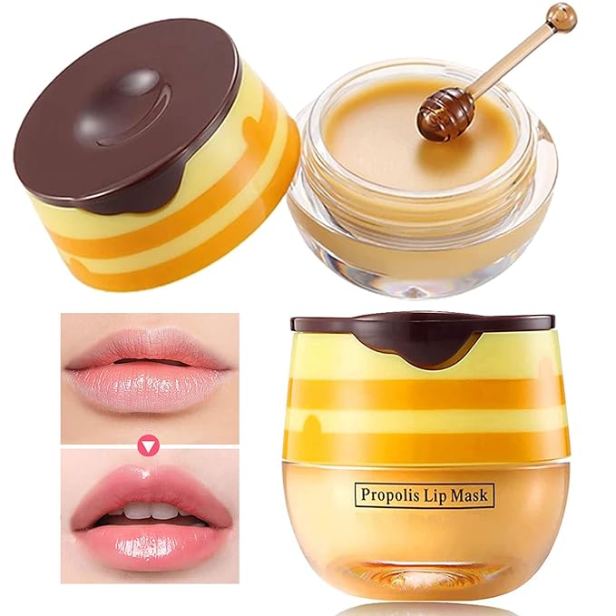 Bee Lip Balm Lip Mask Honey Pot Honey Lip Mask Propolis Moisturizing Lip Balm with Stick - Hydrating Prevention Dry & Cracked Lip Scrubs Exfoliato Lip Wrinkle Skin Care Products(Honey)-VivaGrace Women