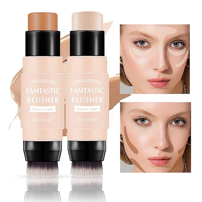 3 Pcs Contour Highlighter Blush Sticks with Brush, Shades with Highlighter & Bronzer Pen & Cream Blush, Waterproof, Longwear Makeup-VivaGrace Women