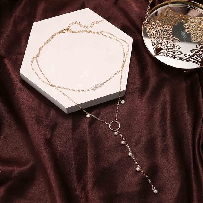 Boho Circle Pearl Lariat Necklace Gold Long Lariat Chain Necklace Tiny Pearl Choker Necklace Drop Pearl Chain Y Necklace Jewelry for Women and Girls Gifts-VivaGrace Women