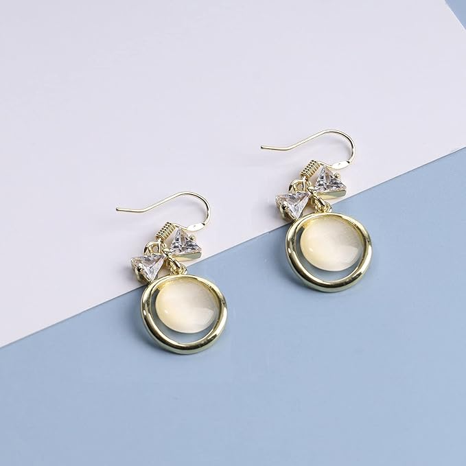 Vintage Circle Drop Earring Gold Cat Eye Stone Earrings Dangle Chalcedony Earrings with Bowknot Earrings Jewelry for Women and Teen Girls-VivaGrace Women