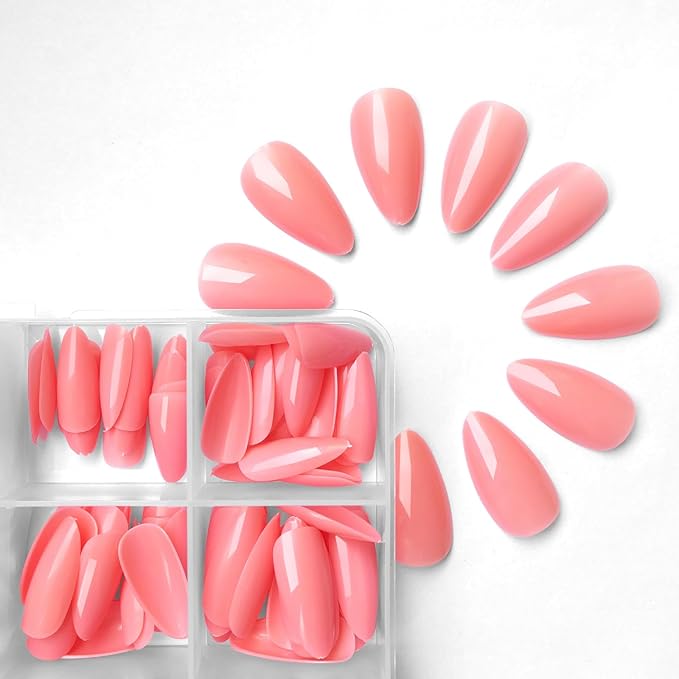 LoveOurHome 240pc Gel Almond Press on Nails Medium Stiletto Fake Fingernails Full Cover False Artificial Nail Tips Pink Manicure Decor with Tabs for Women Girls