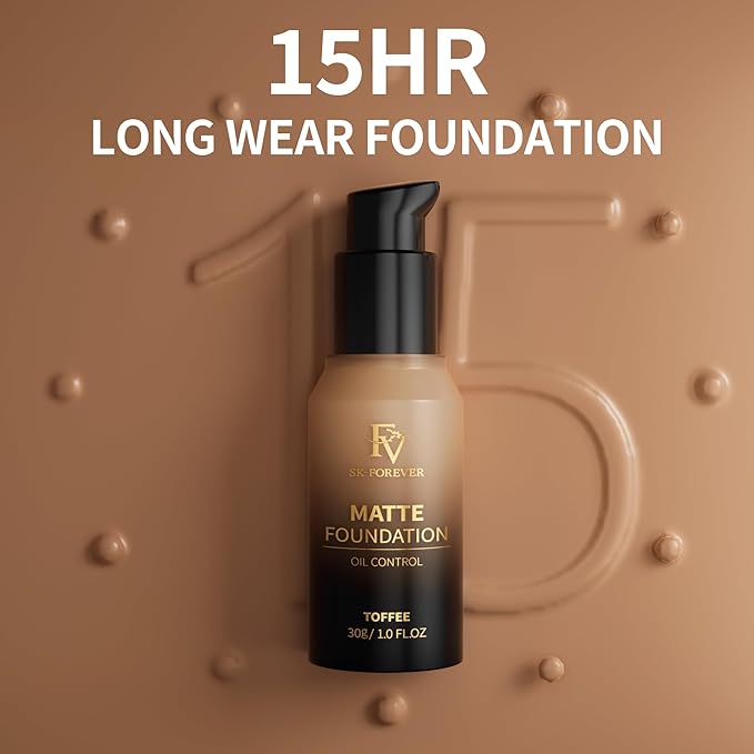 FV Full Coverage Liquid Foundation, Lightweight & Concealing, Long Lasting Matte Foundation Makeup with Flawless Finish, Oil Control Waterproof Foundation for Oily Skin (Toffee Matte)-VivaGrace Women