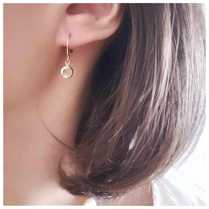 Round Bezel Dangle Earrings Gold Crystal Quartz Earrings Faceted Gemstone Earrings Tiny Circular Leverback Earrings Jewelry for Women and Girls-VivaGrace Women