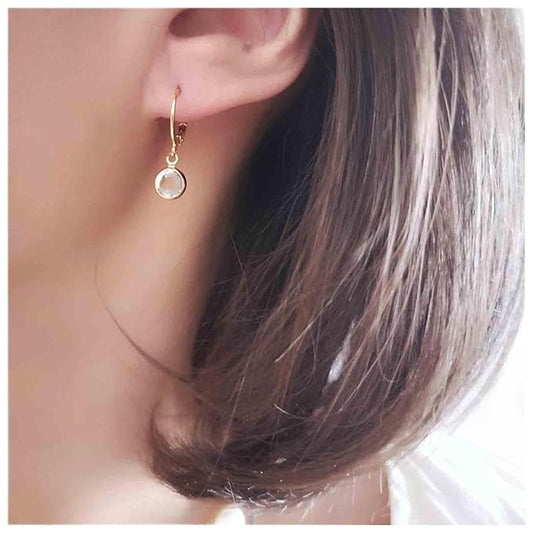 Round Bezel Dangle Earrings Gold Crystal Quartz Earrings Faceted Gemstone Earrings Tiny Circular Leverback Earrings Jewelry for Women and Girls-VivaGrace Women
