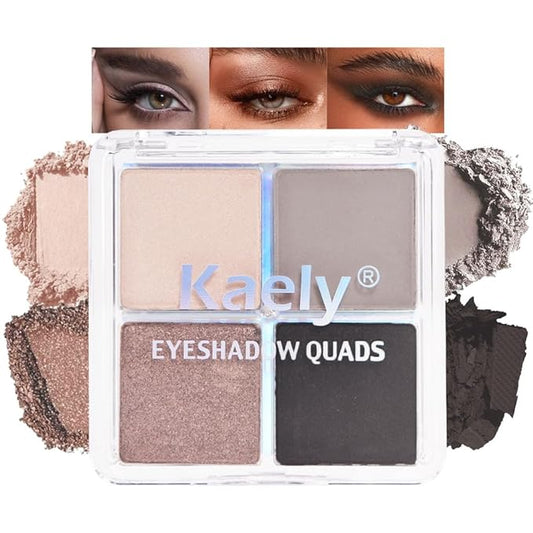 Kaely Powder Eyeshadow Quad, Smoky Black Gray Matte Glitter Eyeshadow Palette Makeup, Neutral Eye Shadow Palette for Older Women Pigmented Waterproof, sombras para ojos, Blendable, Cruelty-free, 07-VivaGrace Women