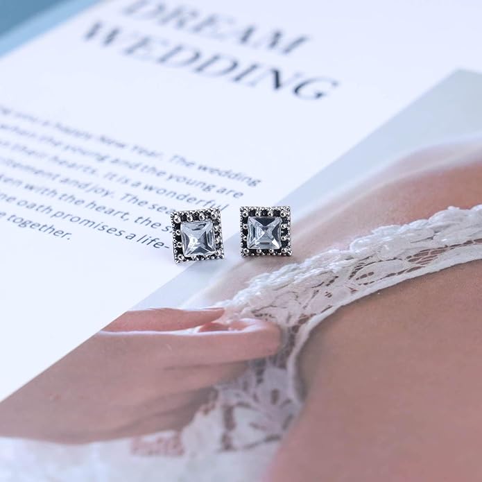 Boho Tiny Crystal Square Earrings Silver Cz Square Earrings Cz Rhinestone Square Stud Earrings Silver Geometric Earrings Jewelry for Women and Girls-VivaGrace Women