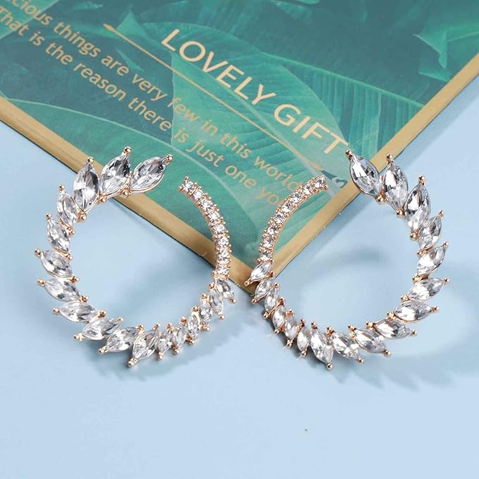 Vintage Rhinestone Hoop Earrings Gold Round Circle Studs Earrings Bright Crystal Earrings Bling Wedding Earrings Jewelry for Women and Girls-VivaGrace Women