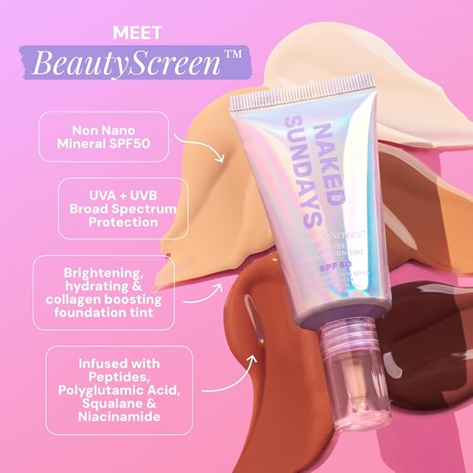 Naked Sundays BeautyScreen™ SPF 50 Mineral Peptide Foundation Tint – 2-in-1 Skin Tint & Mineral Sunscreen | Radiant, Buildable Coverage, Acne-Safe, Infused with Peptides (10 Deep Neutral, 1.01 oz)-VivaGrace Women