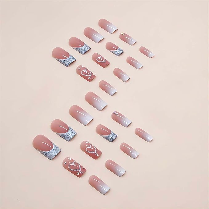 Heart Press On Nails Medium Square Fake Nails Glitter Glossy Acrylic False Nails with Rhinestones Designs Ombre Pink Full Cover Press Ons Fall Winter Holiday Stick on Nails for Women 24Pcs