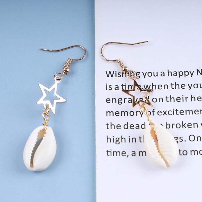 Vintage Cowrie Drop Earrings Puka Shell Dangle Earrings Gold Star Dangling Earrings Hollow Star Earrings Jewelry for Women-VivaGrace Women