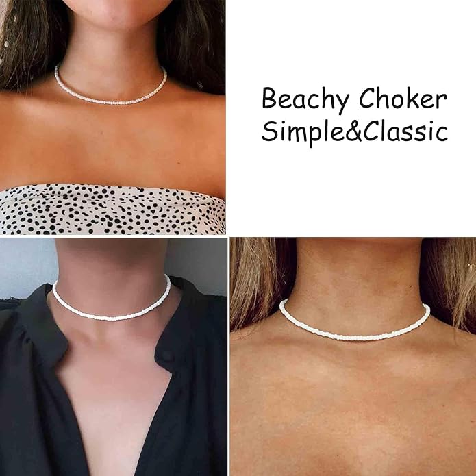 Boho Seed Bead Choker Necklace Tiny Rice Bead Necklace Chain Beachy Necklace Chain Jewelry for Women and Girls-VivaGrace Women