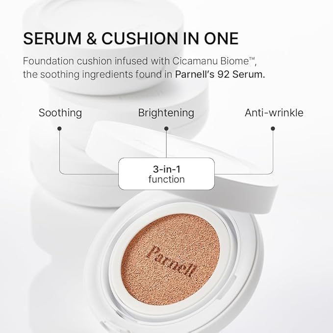 Parnell Cicamanu Serum Cushion - Moisturizing Foundation for Soothing, Coverage, Glass Skin and Lightweight for Sensitive and Dry Skin Pearl Skin (0.52 Fl Oz) (#21 Fair Ivory)-VivaGrace Women
