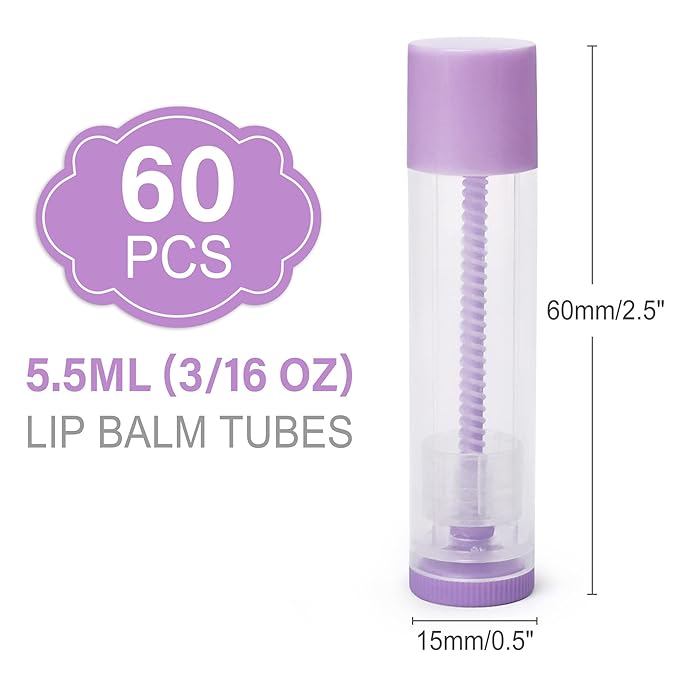 LotFancy Lip Balm Tubes Empty, 60PCS 5.5ml (3/16 Oz), Clear Lip Balm Container Tubes with Purple Caps, BPA Free & Leak Free, Refillable-VivaGrace Women