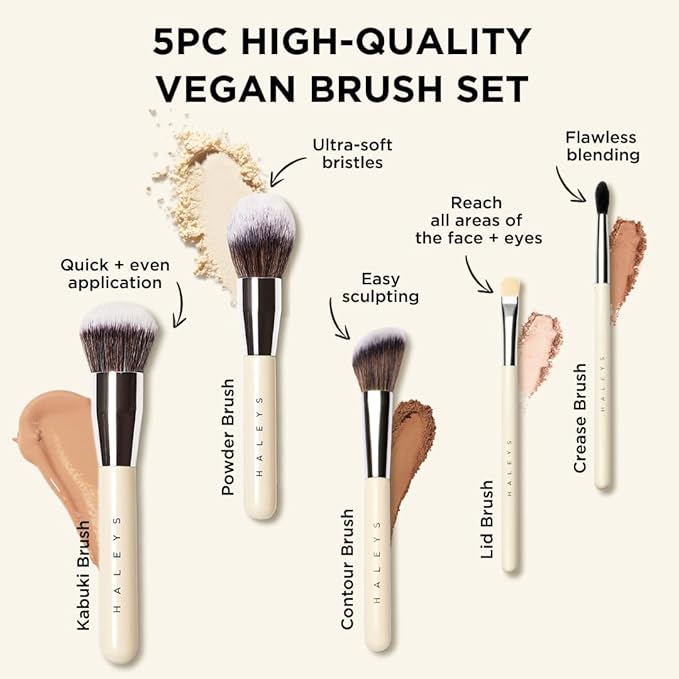 HALEYS Makeup Brush Set 5 pcs: Soft, Streak-free, Perfect Blending, Buff, Blurs and Smooth, Premium Luxury Vegan Bristles, For Liquid, Cream or Powder, Vegan, Cruelty-free, Sustainable Wood-VivaGrace Women