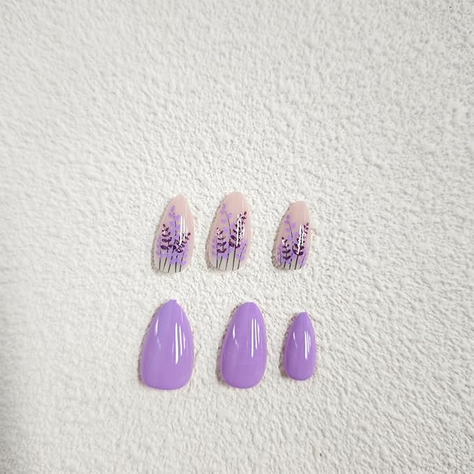 Purple Press on Nails Medium Almond Fake Nails Lavender False Nails with Design Flower Glue on Nails Glossy Full Cover Reusable Artificial Acrylic Stick on Nails For Women Girls Manicure 24PCS