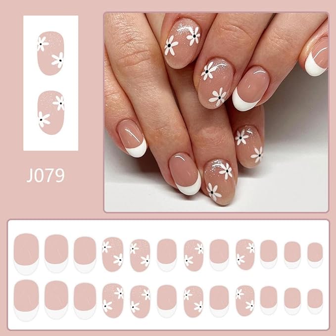 White French tips Press on Nails Medium Almond Fake Nails with Daisy Design Flower Glue on Nails Glossy Spring Nails Reusable Glitter Summer False Nails for Women Girls Manicure 24pcs