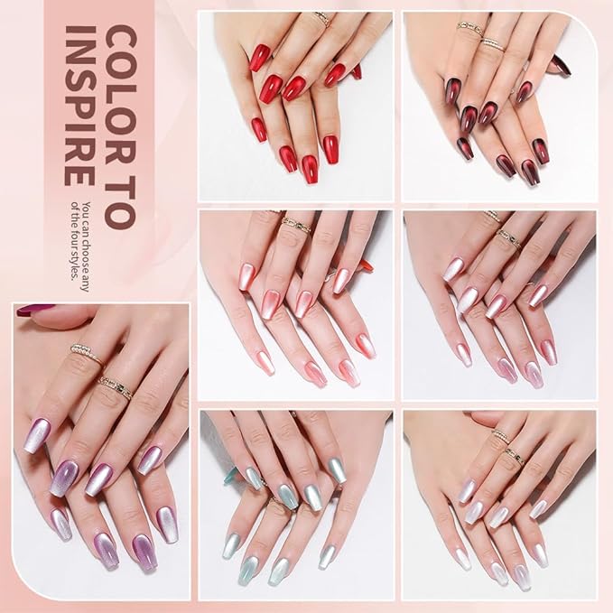 Nude Pink Medium Coffin Press On Nails, Cat Eye Press On Nails with Crystal Glow Design, Fashion Gel Coffin Fake Nails, Reusable Acrylic Fake Nails, Stick On Nails for Women, Glacial Rose