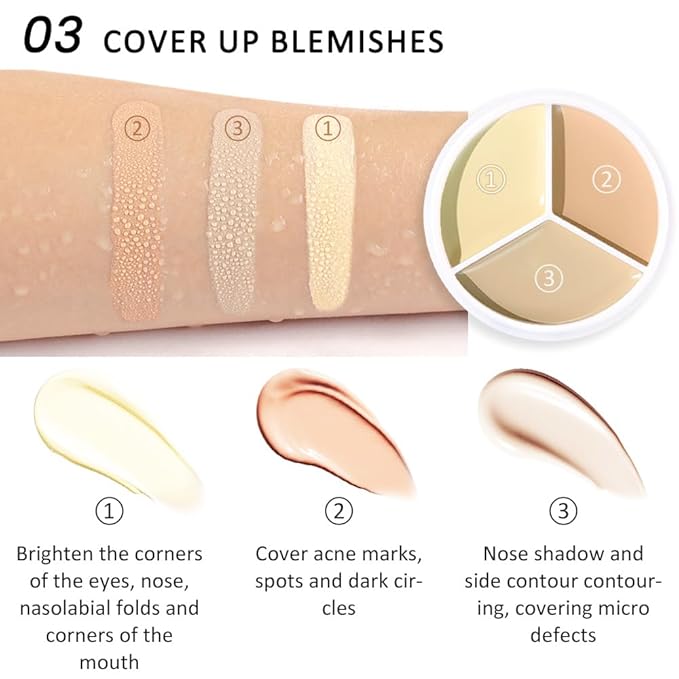 Kaely Tri Color Concealer Pot,Color Correcting Concealer for Dark Circles Spots,3 Color Cream Concealer Full Coverage,Foundation Contour Makeup Palettes,under Eye Brightener corrector de ojeras,03-VivaGrace Women