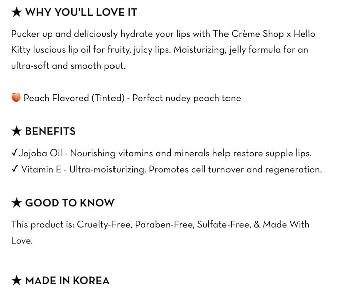 The Crème Shop x Hello Kitty Kawaii Kiss Hydrating, Rejuvenating Lip Oil with Nourishing Jojoba, Vitamin E & Luxurious Jelly Formula - Peach-Flavored (Tinted)-VivaGrace Women