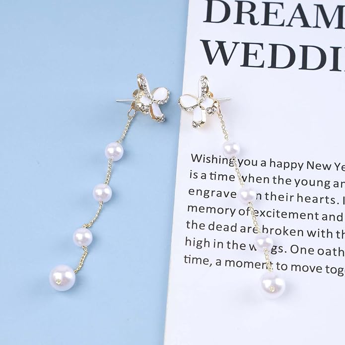 Vintage Butterfly Pearl Drop Earrings Gold Pearl Chain Earrings Long Pearl Tassel Earrings White Butterfly Stud Earrings Wedding Pearl Earrings Jewelry for Women-VivaGrace Women