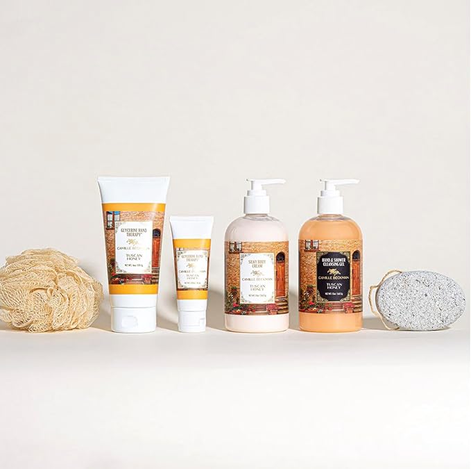 Camille Beckman Essentials Gift Basket, Tuscan Honey, Glycerine Hand Therapy 6 oz, Silky Body Cream 13 oz, Hand and Shower Cleansing Gel 13 oz, Glycerine Soap 3.5 oz-VivaGrace Women