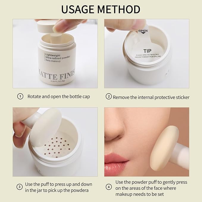 Erinde White Translucent Matte Setting Powder with Puff, Face Loose powder Makeup, Oil Control Finishing Powder, Lightweight Blurring Powder, Waterproof, 24H Long-Lasting, Creates Soft Focus Effect-VivaGrace Women