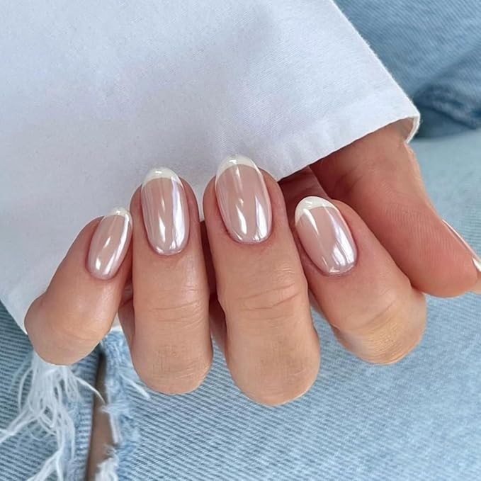 French Tip Chrome Press On Nails Short Ovale 30 Pcs, Designer Reusable Glazed Acrylic Fake Nails with Glue, Glossy Soft Gel Nails Wedding and Party, Stick On Glue On Nails, Nails for Women