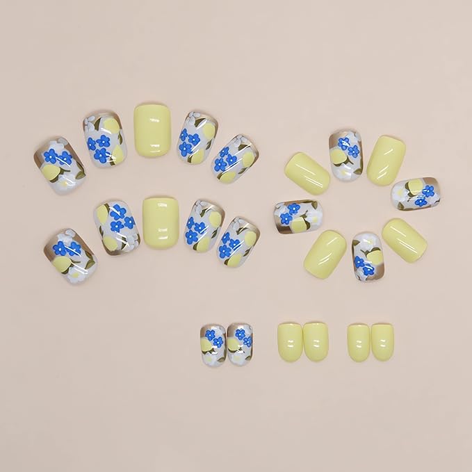 Short Square Press on Nails Blue Yellow Fake Nails Flower Lemon Designs Cute Summer Glue on Nails Glossy Full Cover Acrylic False Nails Spring Stick on Nails for Women Nail Art Decorations