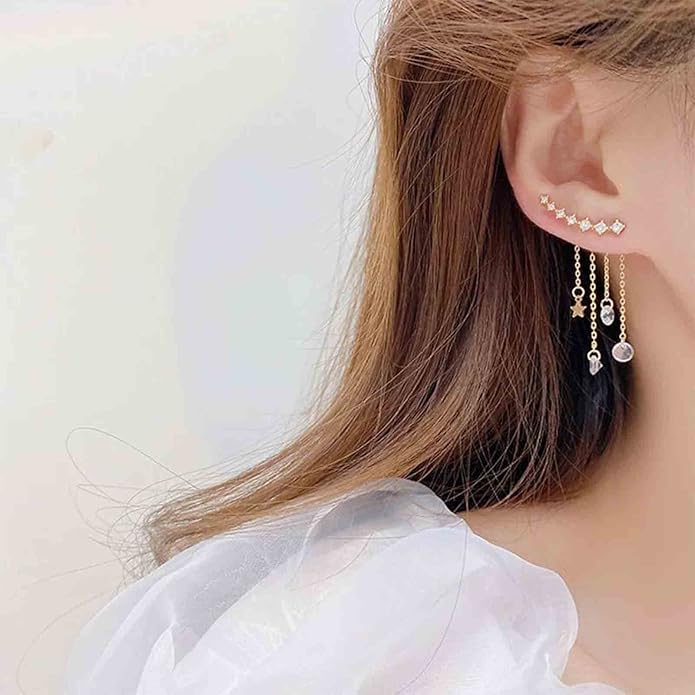 Boho Star Ear Jacket Earrings Gold Cz Star Ear Climber Earrings Crystal Chain Tassel Earrings Crystal Ear Crawler Long Chain Earrings Jewelry for Women and Girls Gifts-VivaGrace Women