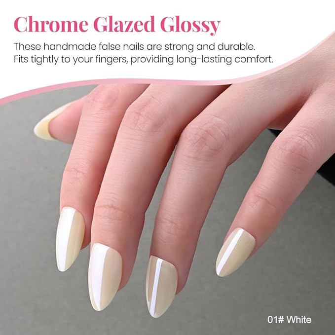 Chrome Beige Nude Beige Press On Nails Short Almond 90 Pcs Kit, Designer Reusable Acrylic Fake Nails with Glue, Glossy Soft Gel Nails for Women Wedding Party Gift - Stick On Glue On Nails Kit