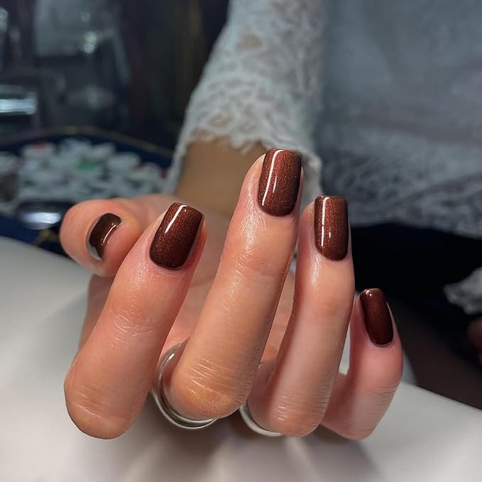 KQueenest Brown Glitter Fall Press on Nails Short Square, Cute Shimmer Acrylic Fake Nails Short with UV Finish, Sparkle Gel Nails Press ons, Bling Stick on Nails False Nails for Women in 24 Pcs