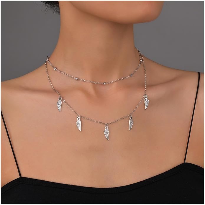 Vintage Layered Wing Dangle Necklace Angel Wing Pendant Necklace Tiny Wing Choker Necklace Silver Angel Wing Necklace Jewelry for Women-VivaGrace Women